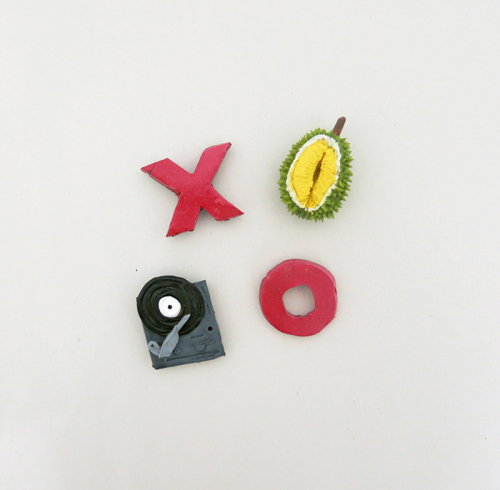 Life of a Craphead handmade magnets: durian, vinyl record player, and punctuation marks